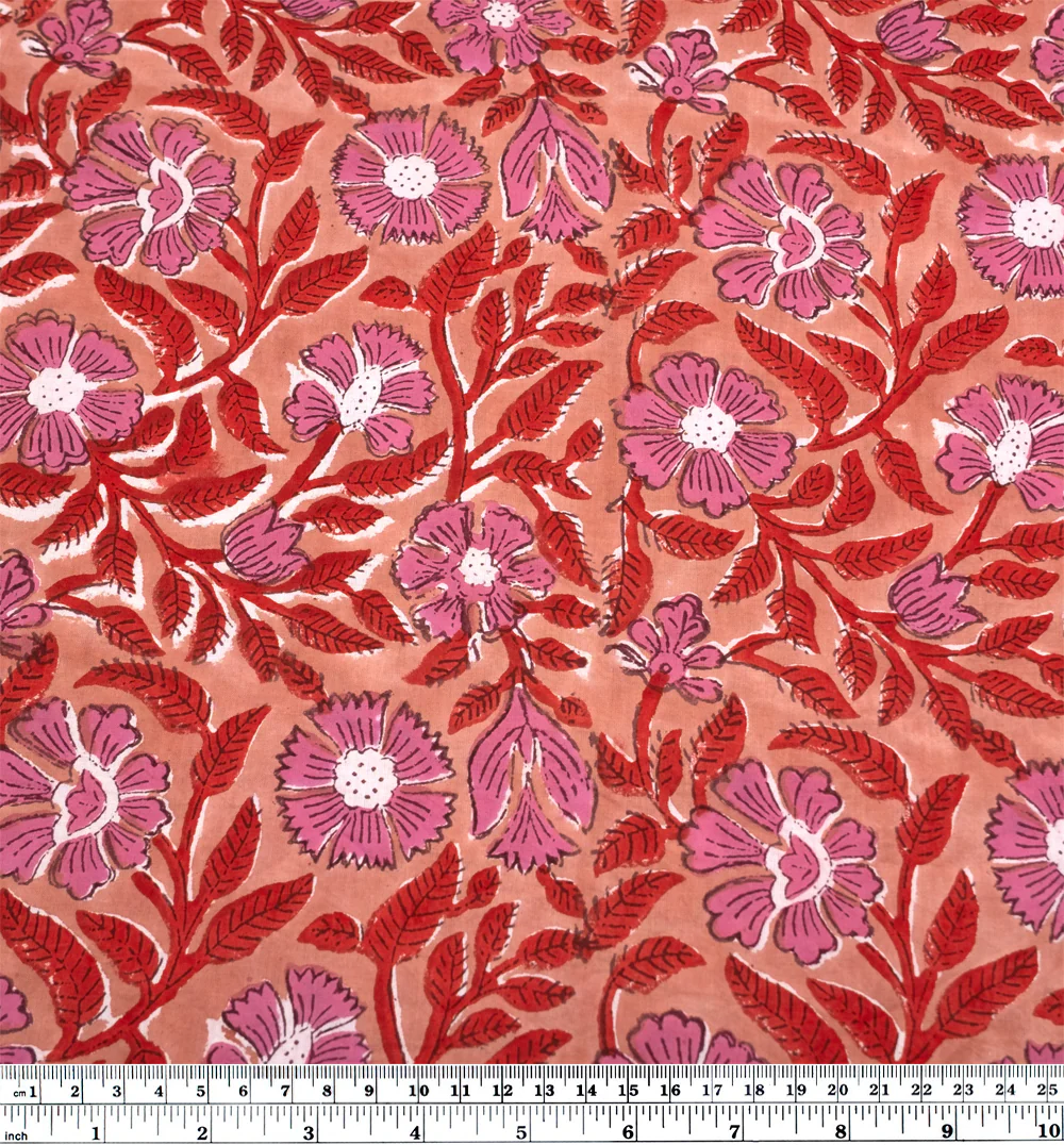 Tapestry Block Printed Organic Cotton Batiste - Peach/Fire Red/Gumdrop - Image 3