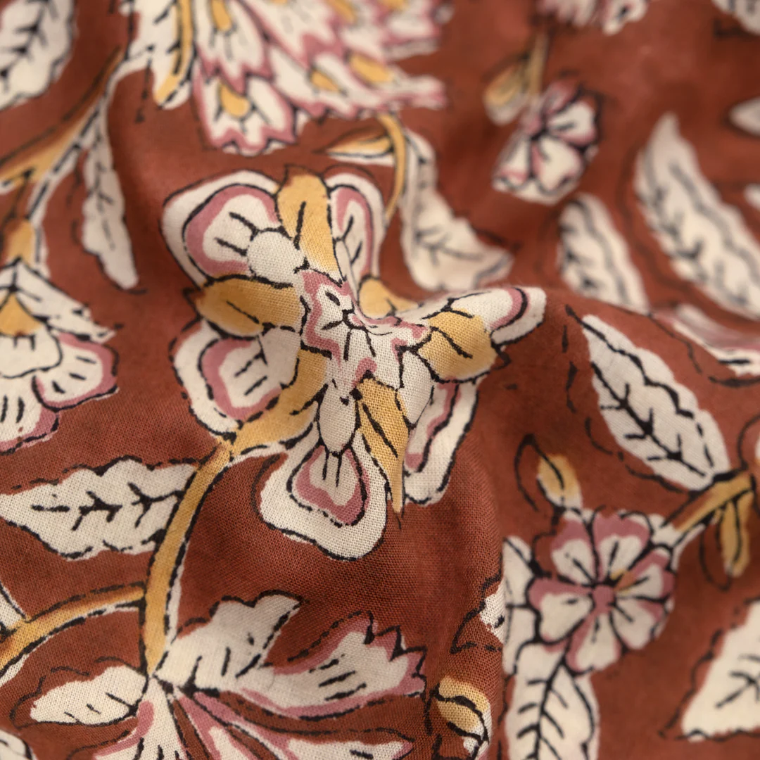 Tapestry Block Printed Organic Cotton Batiste - Pecan/Cream/Rosette