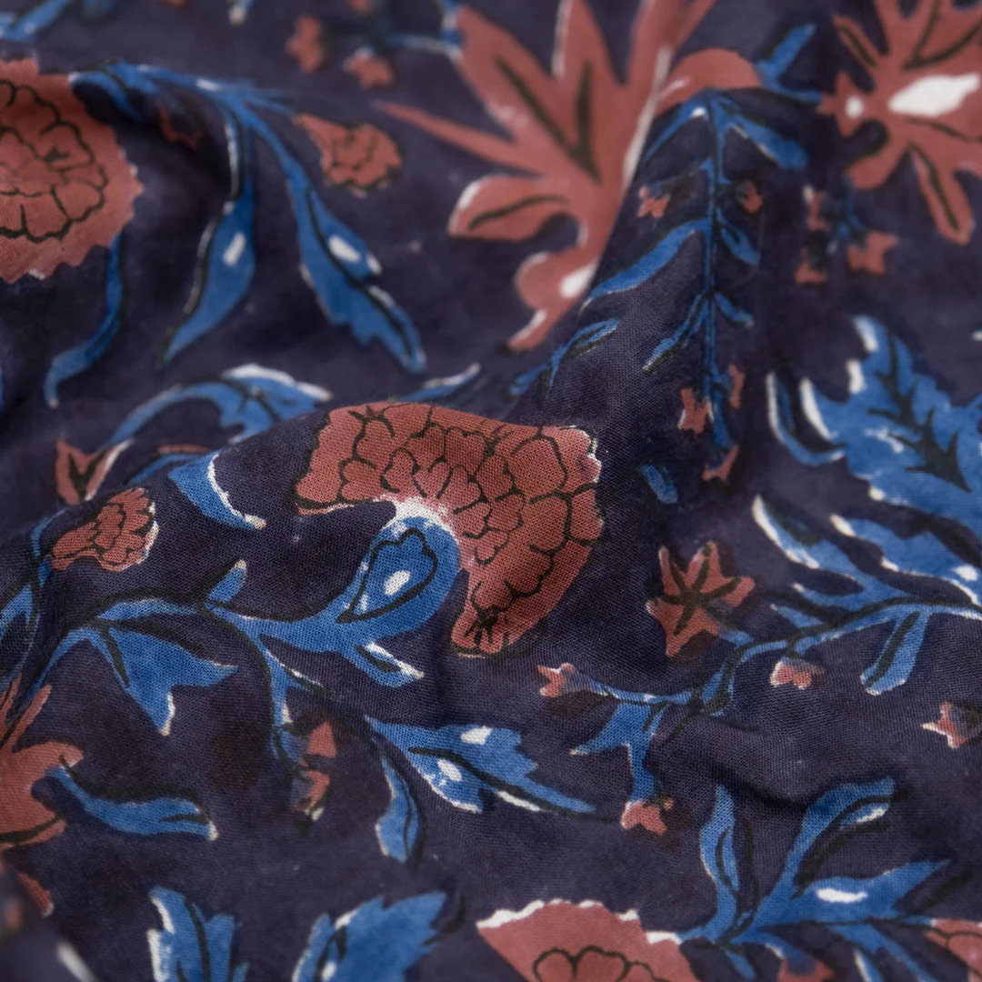 Tapestry Block Printed Organic Cotton Batiste - Raven/Rosewood/Ocean