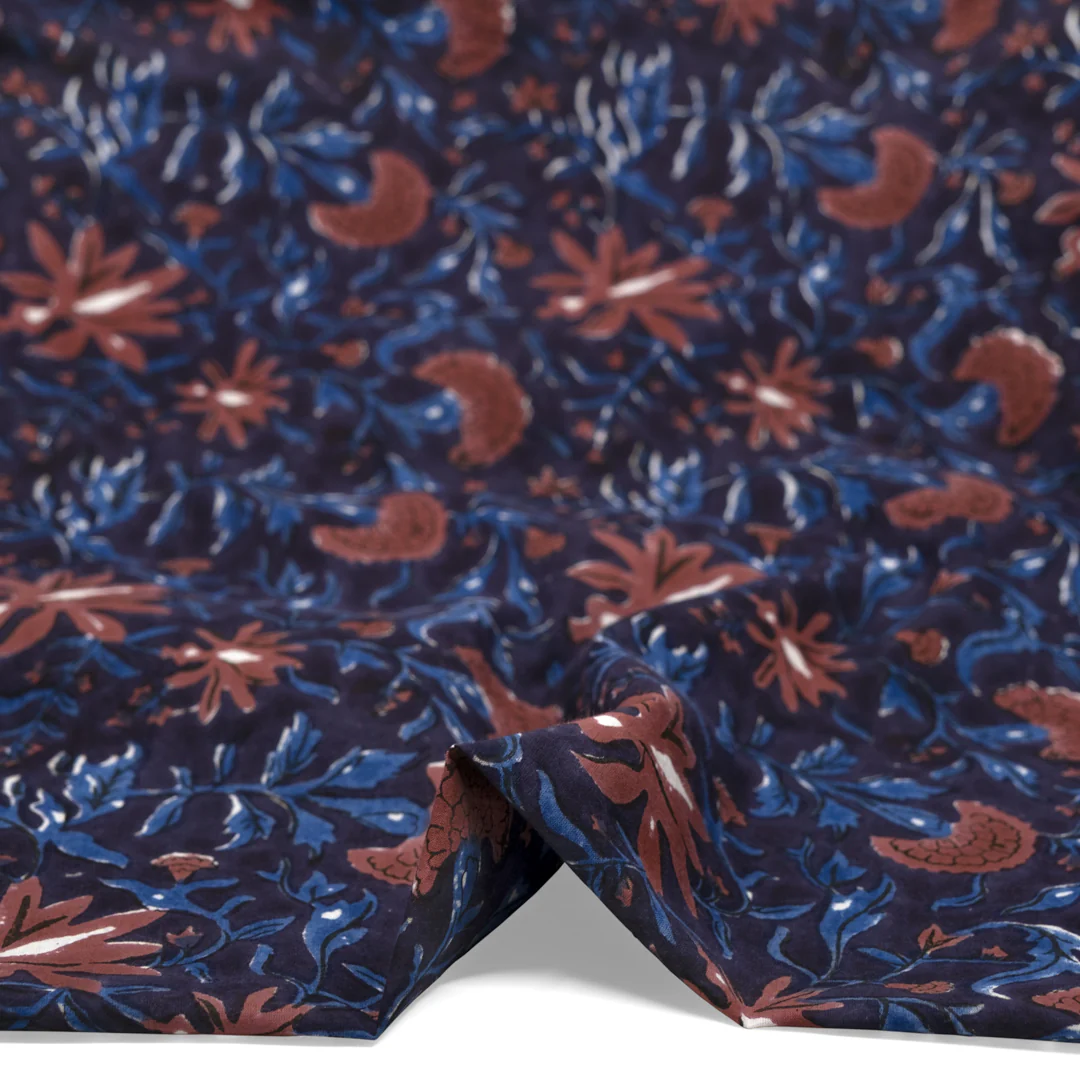 Tapestry Block Printed Organic Cotton Batiste - Raven/Rosewood/Ocean - Image 2