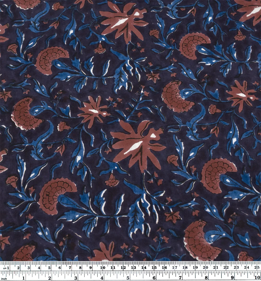 Tapestry Block Printed Organic Cotton Batiste - Raven/Rosewood/Ocean - Image 3