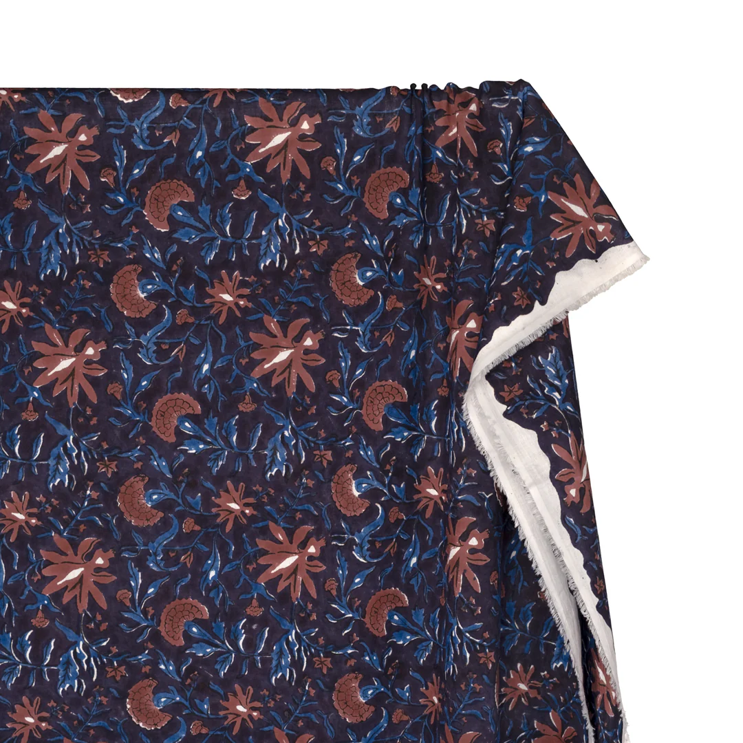Tapestry Block Printed Organic Cotton Batiste - Raven/Rosewood/Ocean - Image 4