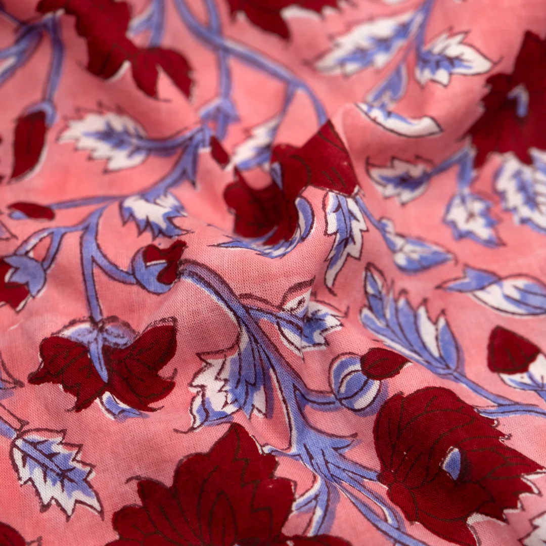Tapestry Block Printed Organic Cotton Batiste - Rose/Bluebell/Crimson