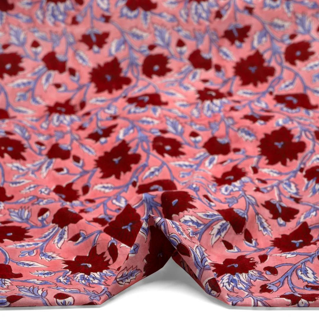 Tapestry Block Printed Organic Cotton Batiste - Rose/Bluebell/Crimson - Image 2