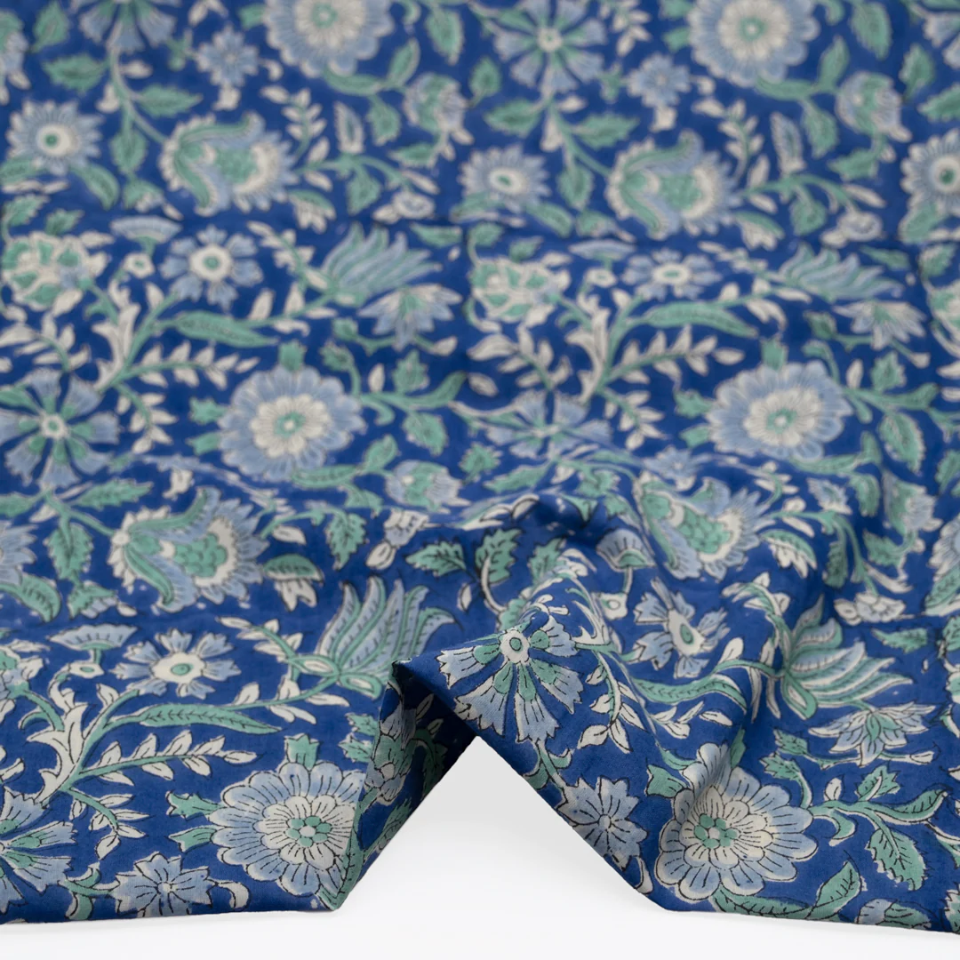 Tapestry Block Printed Organic Cotton Batiste - Sapphire/Powder Blue/Mint - Image 2