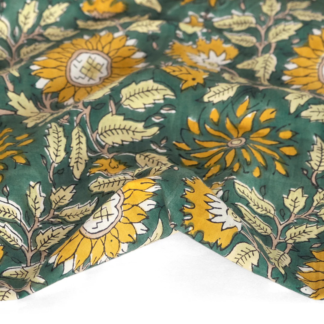 Tapestry Block Printed Organic Cotton Batiste - Spruce/Sunflower