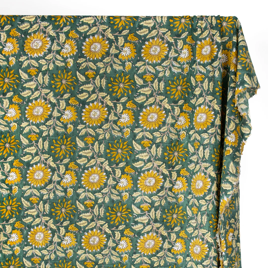 Tapestry Block Printed Organic Cotton Batiste - Spruce/Sunflower - Image 2
