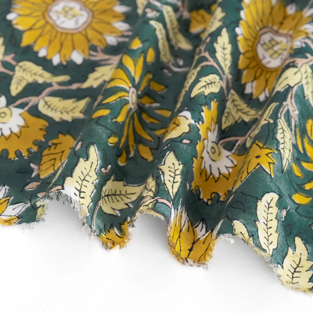 Tapestry Block Printed Organic Cotton Batiste - Spruce/Sunflower - Image 3