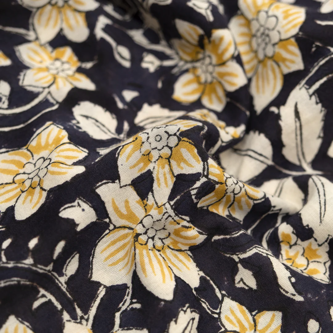 Tapestry Block Printed Organic Cotton Batiste - Vintage Black/Mustard/Cream