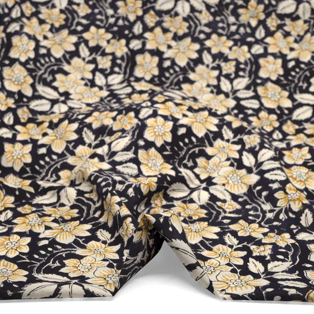 Tapestry Block Printed Organic Cotton Batiste - Vintage Black/Mustard/Cream - Image 2