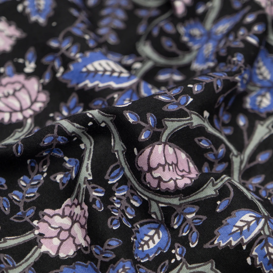 Tapestry Block Printed Organic Cotton Batiste - Vintage Black/Ocean/Thistle