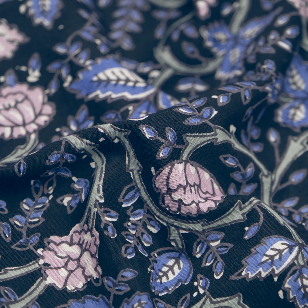 Tapestry Block Printed Organic Cotton Batiste - Vintage Blue/Sapphire/Thistle