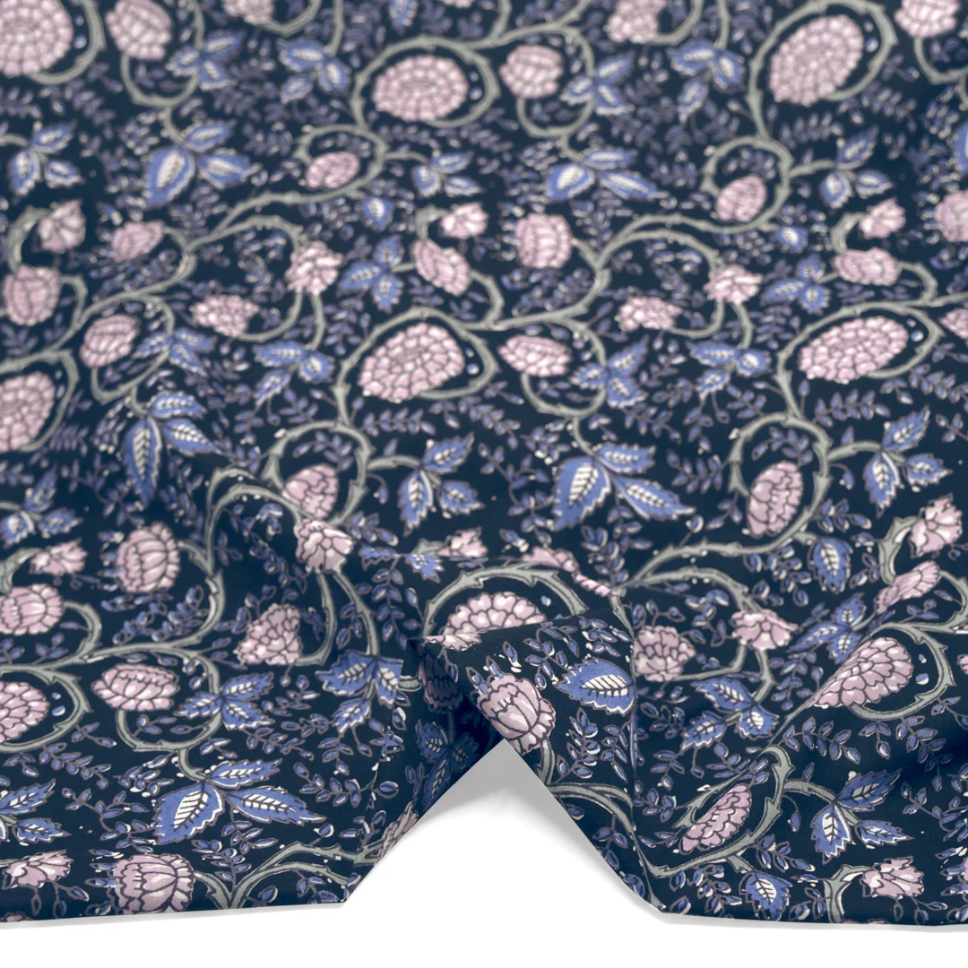 Tapestry Block Printed Organic Cotton Batiste - Vintage Blue/Sapphire/Thistle - Image 2