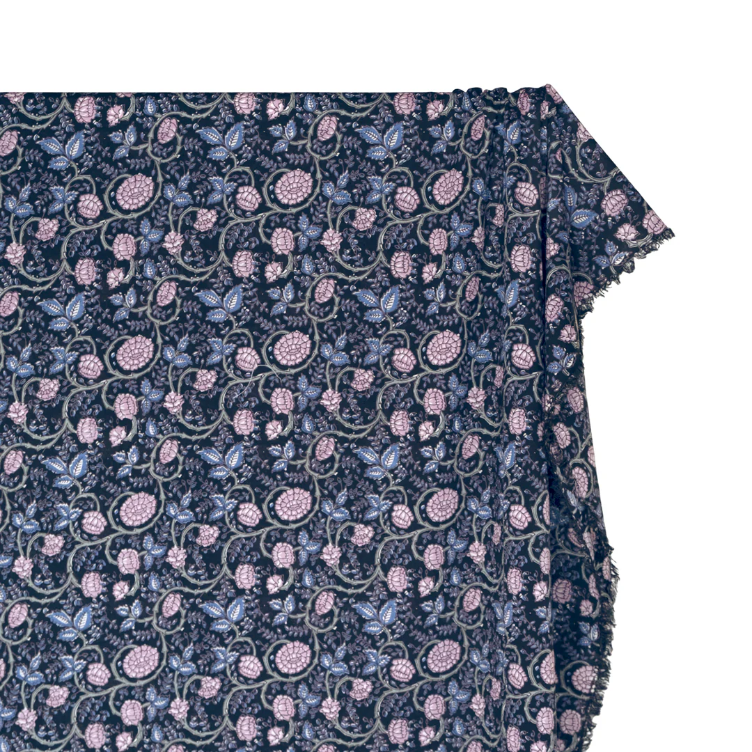 Tapestry Block Printed Organic Cotton Batiste - Vintage Blue/Sapphire/Thistle - Image 4