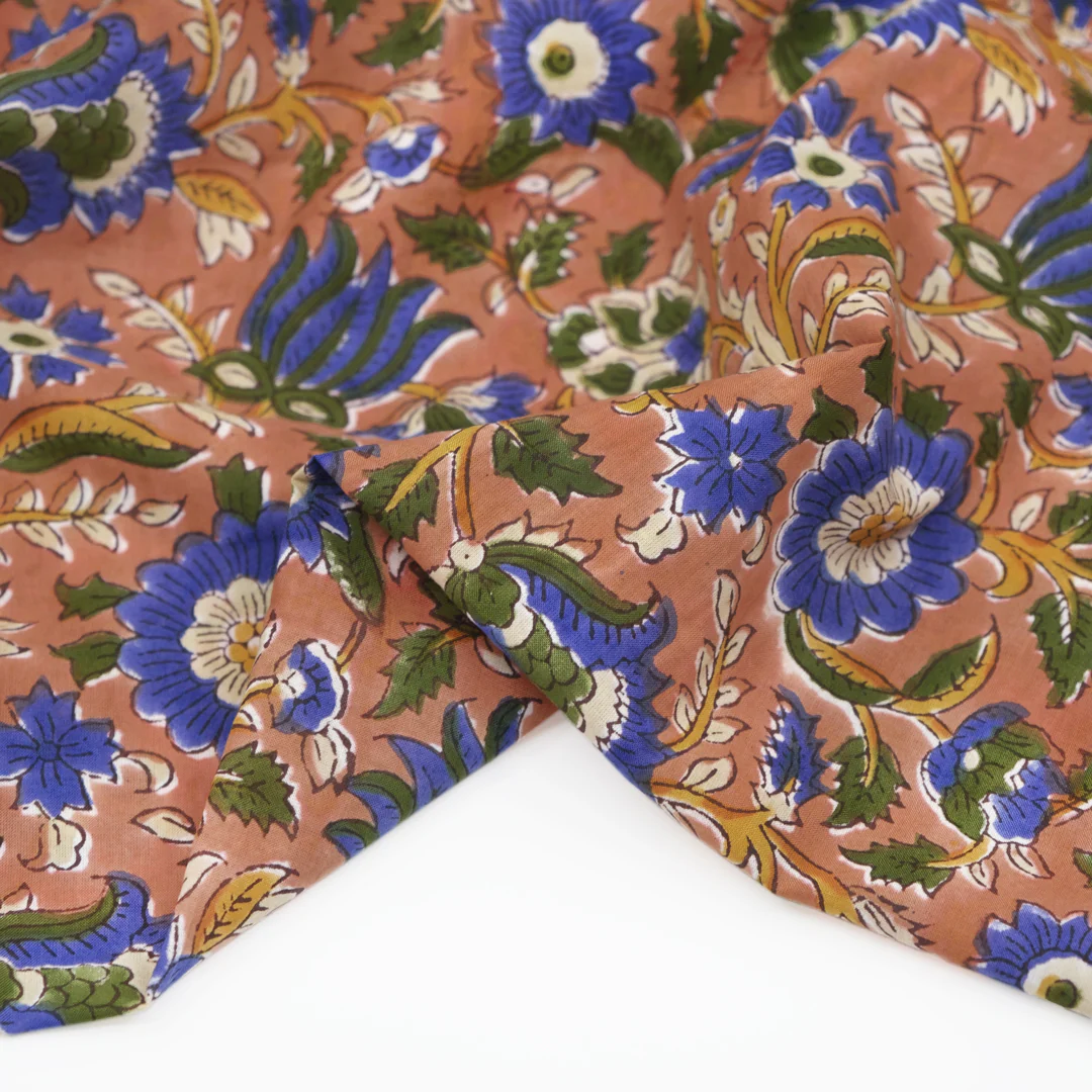 Tapestry Block Printed Organic Cotton Batiste - Warm Clay/Cobalt/Kale