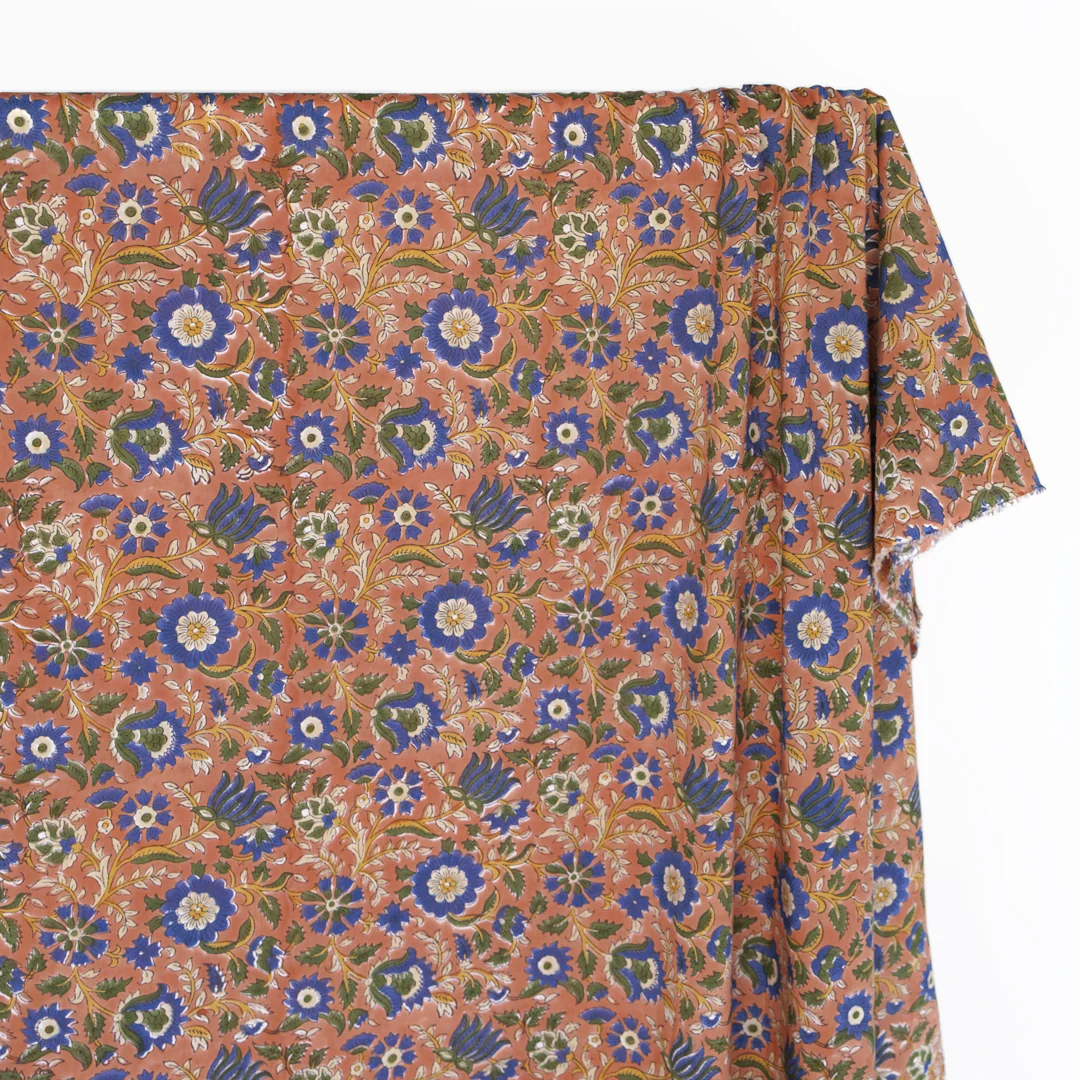 Tapestry Block Printed Organic Cotton Batiste - Warm Clay/Cobalt/Kale - Image 2