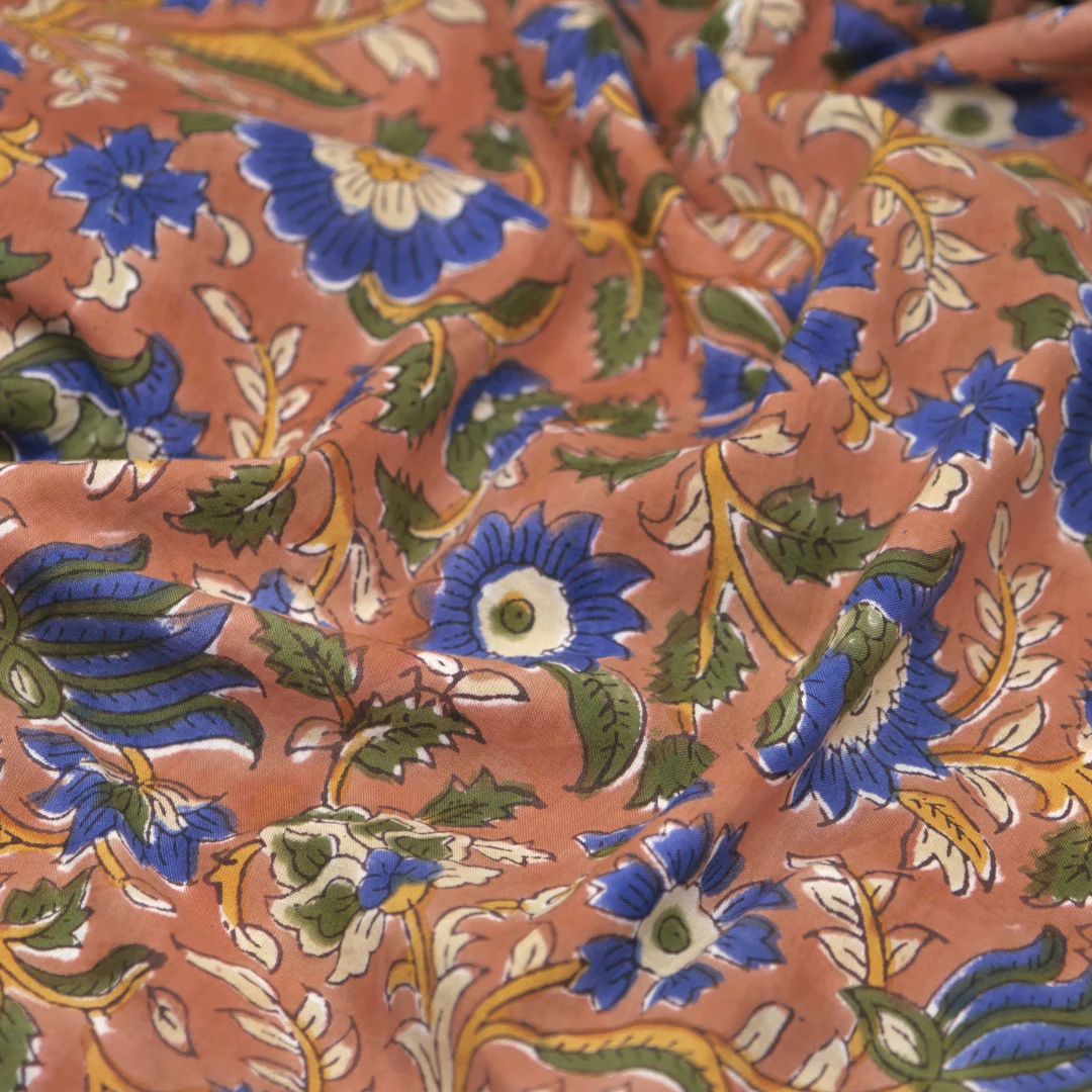 Tapestry Block Printed Organic Cotton Batiste - Warm Clay/Cobalt/Kale - Image 3