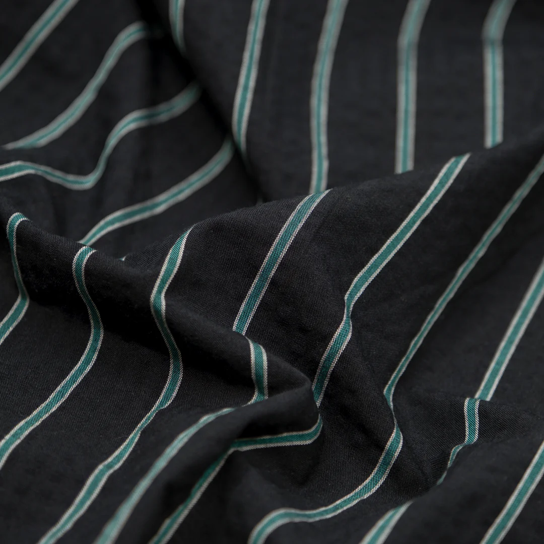 Tram Stripe Crinkle Cotton Shirting - Black/Teal
