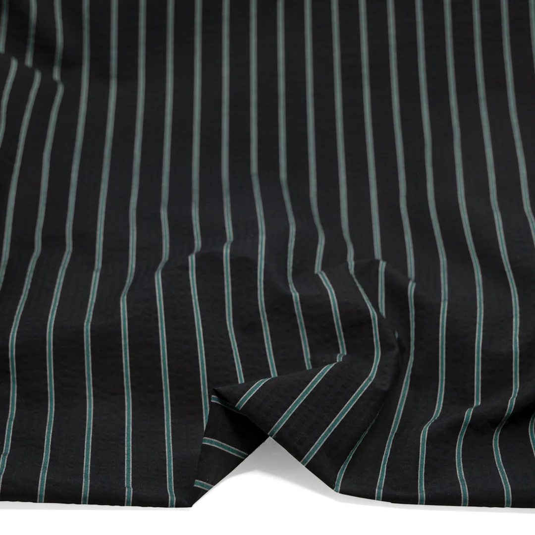 Tram Stripe Crinkle Cotton Shirting - Black/Teal - Image 2
