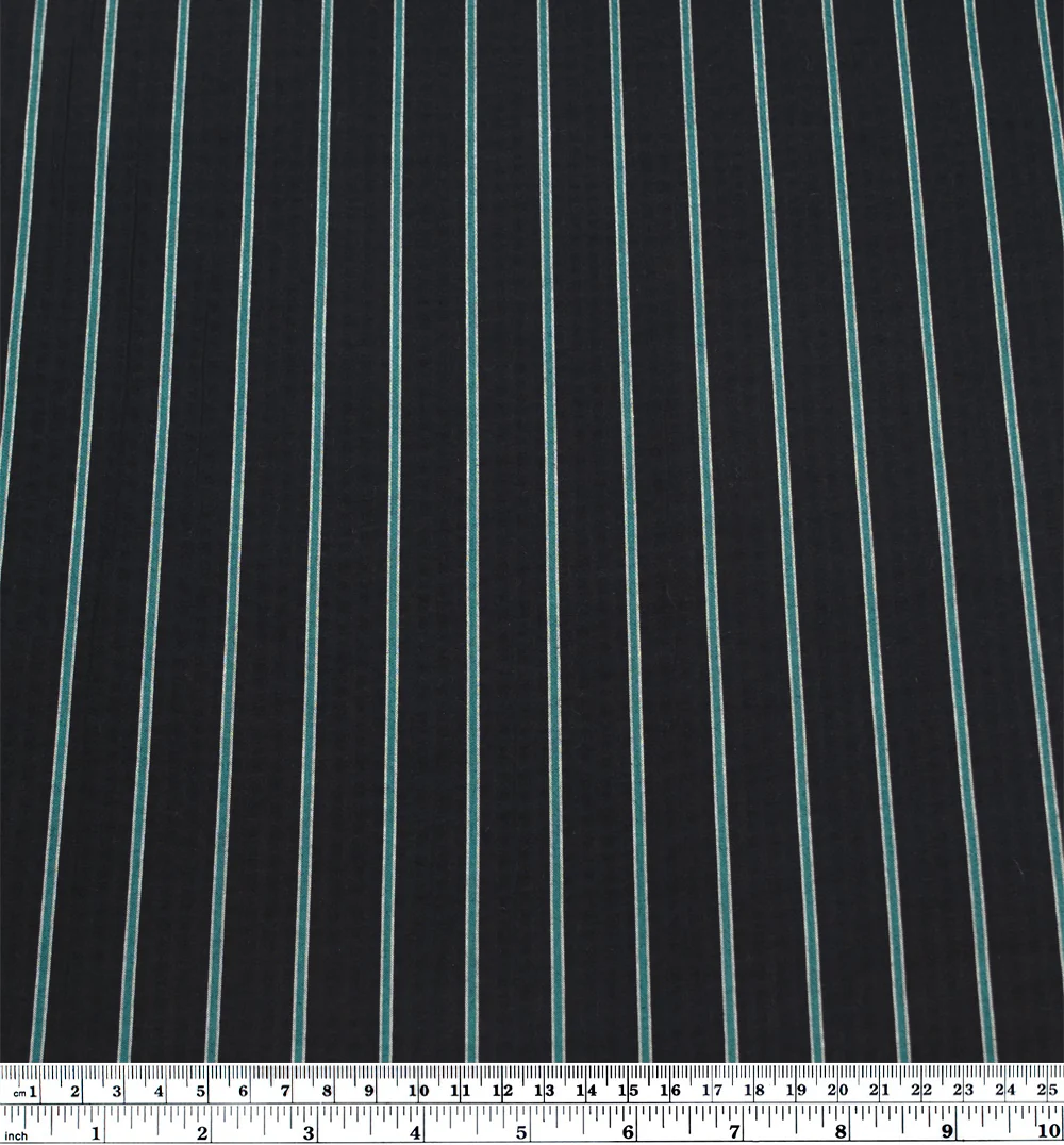 Tram Stripe Crinkle Cotton Shirting - Black/Teal - Image 3