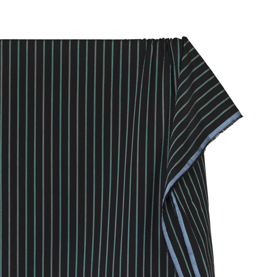 Tram Stripe Crinkle Cotton Shirting - Black/Teal - Image 4
