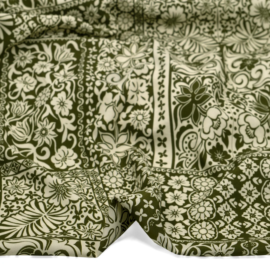 Tuscan Tiles Printed Viscose Challis - Kale/Ivory