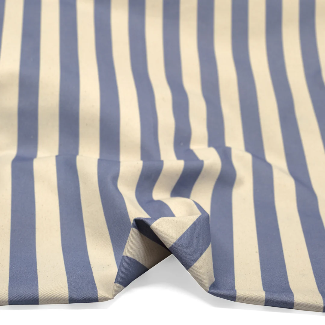 Vacation Stripe Printed Cotton Twill - Bluestone/Natural