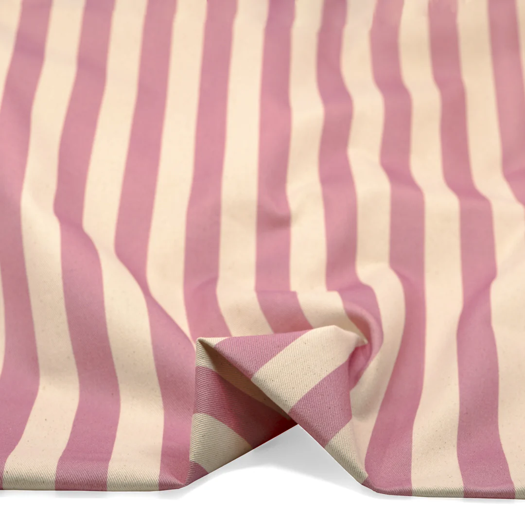 Vacation Stripe Printed Cotton Twill - Carnation/Natural