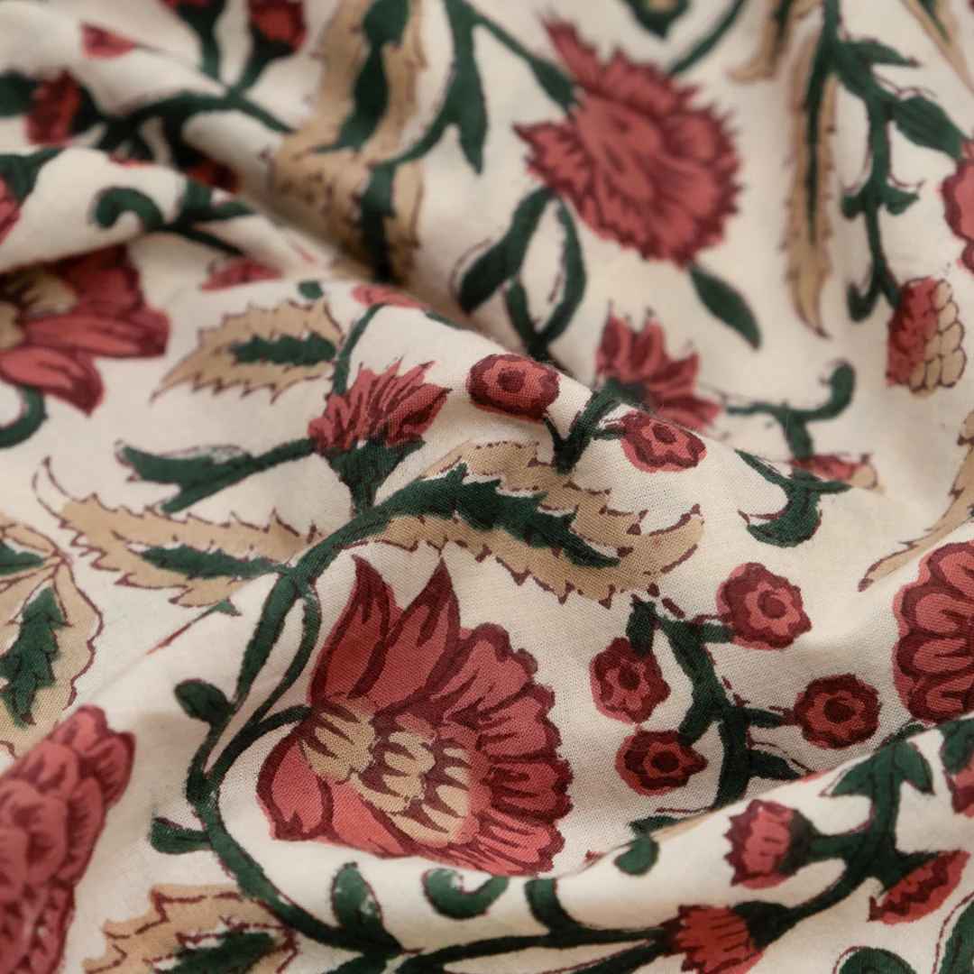 Vine Block Printed Organic Cotton Batiste - Bone/Garnet/Forest