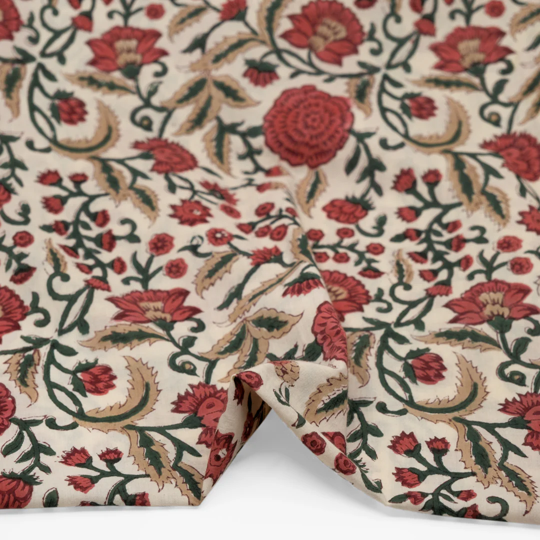 Vine Block Printed Organic Cotton Batiste - Bone/Garnet/Forest - Image 2