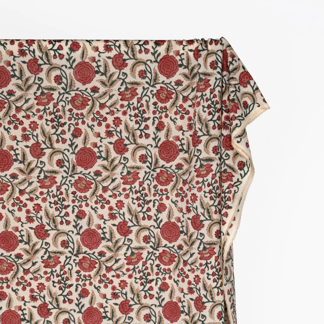 Vine Block Printed Organic Cotton Batiste - Bone/Garnet/Forest - Image 3