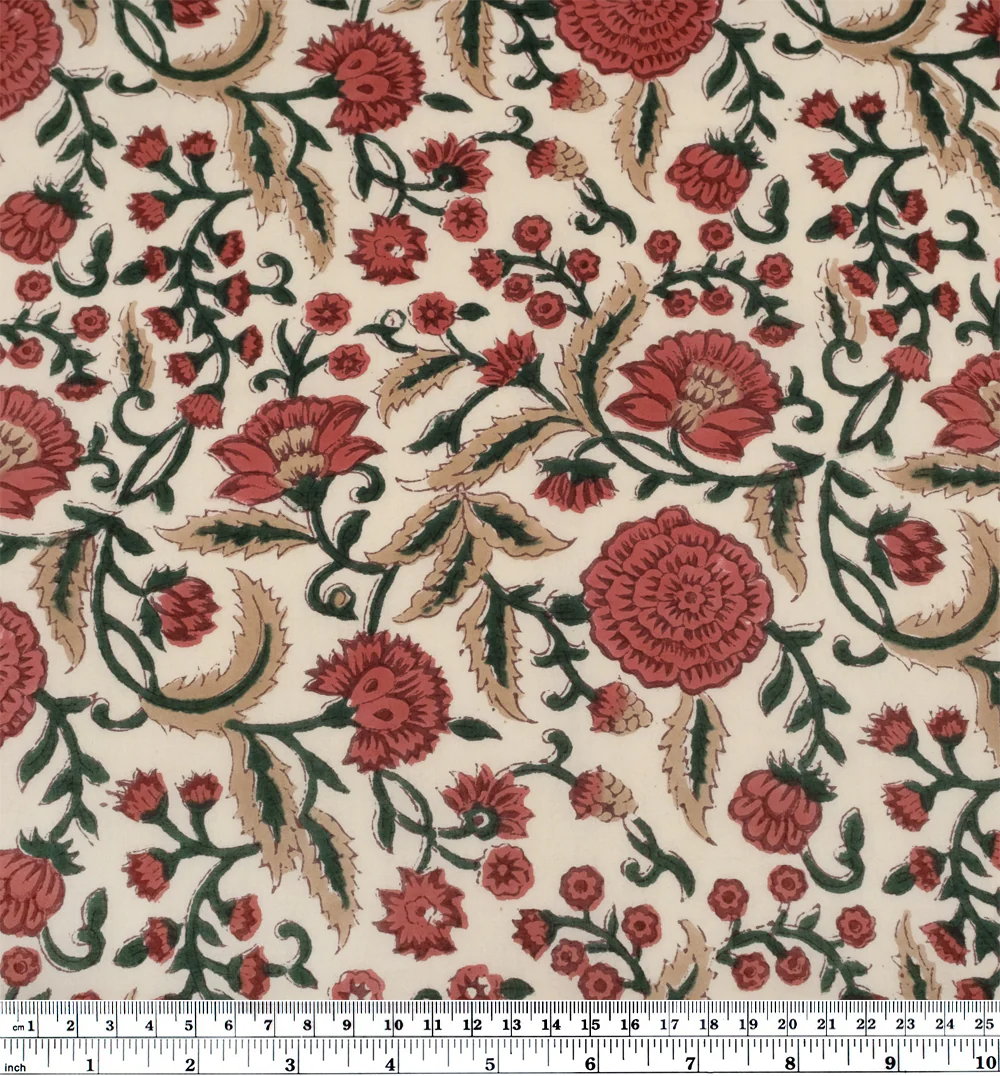Vine Block Printed Organic Cotton Batiste - Bone/Garnet/Forest - Image 4