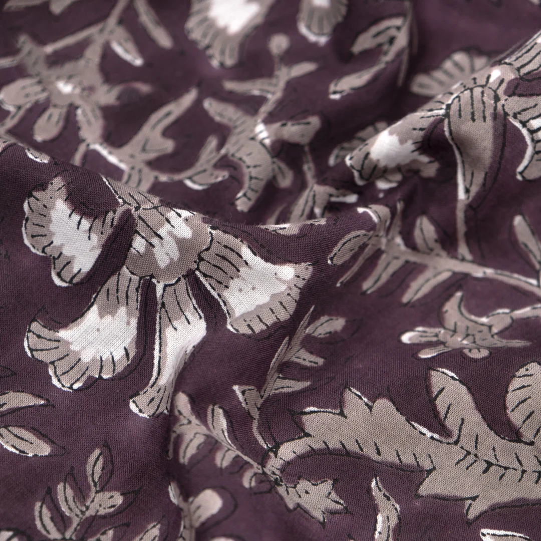 Vine Block Printed Organic Cotton Batiste - Boysenberry/Taupe/White