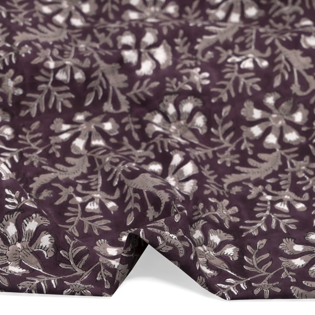 Vine Block Printed Organic Cotton Batiste - Boysenberry/Taupe/White - Image 2