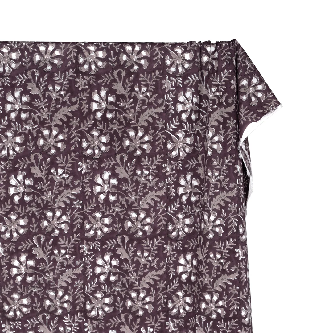 Vine Block Printed Organic Cotton Batiste - Boysenberry/Taupe/White - Image 3
