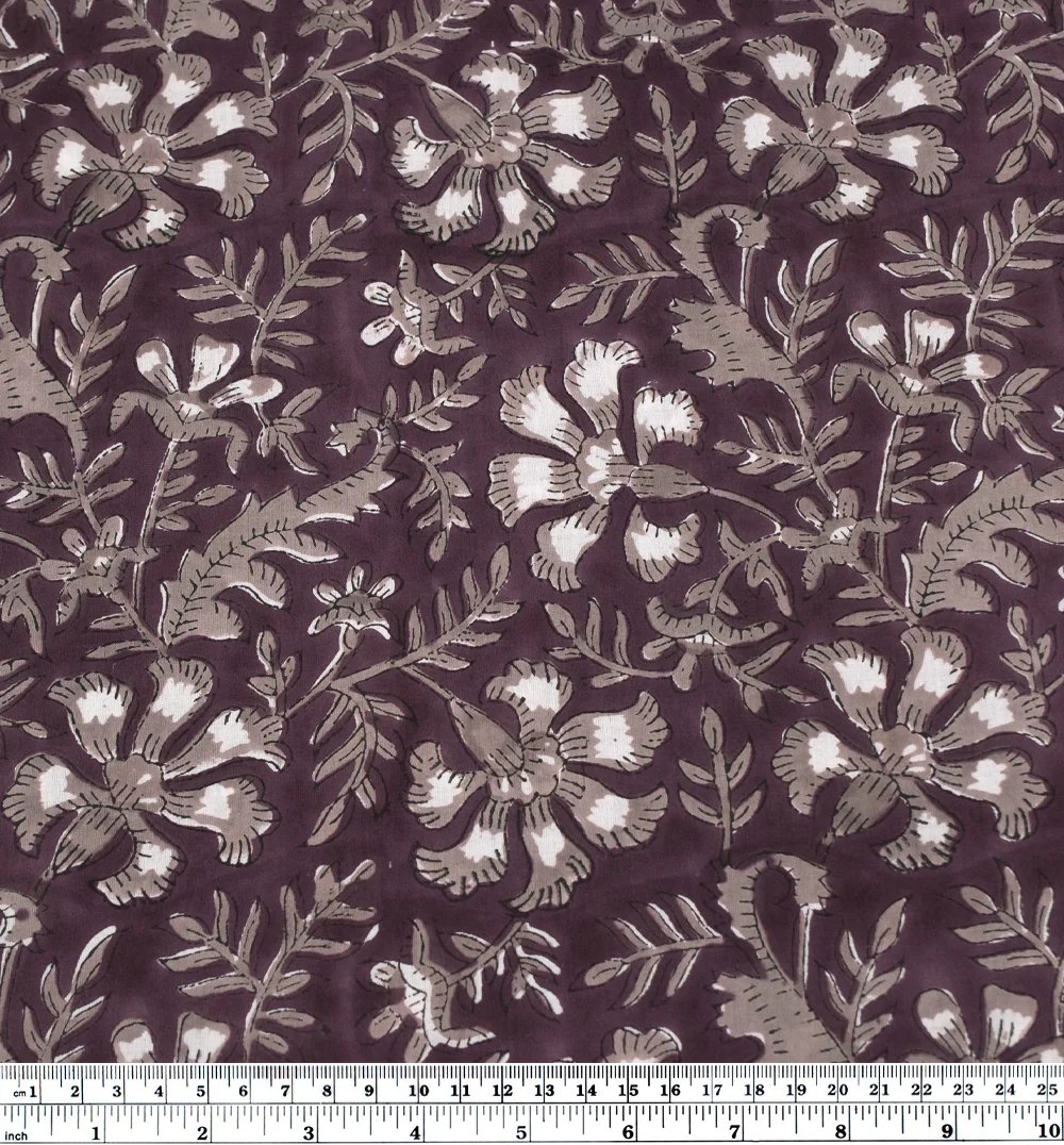 Vine Block Printed Organic Cotton Batiste - Boysenberry/Taupe/White - Image 4