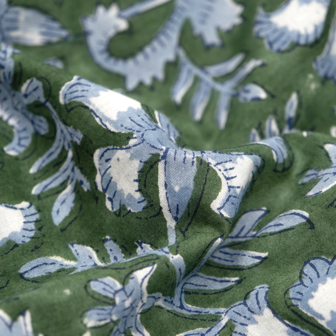 Vine Block Printed Organic Cotton Batiste - Dill/Bluestone/White