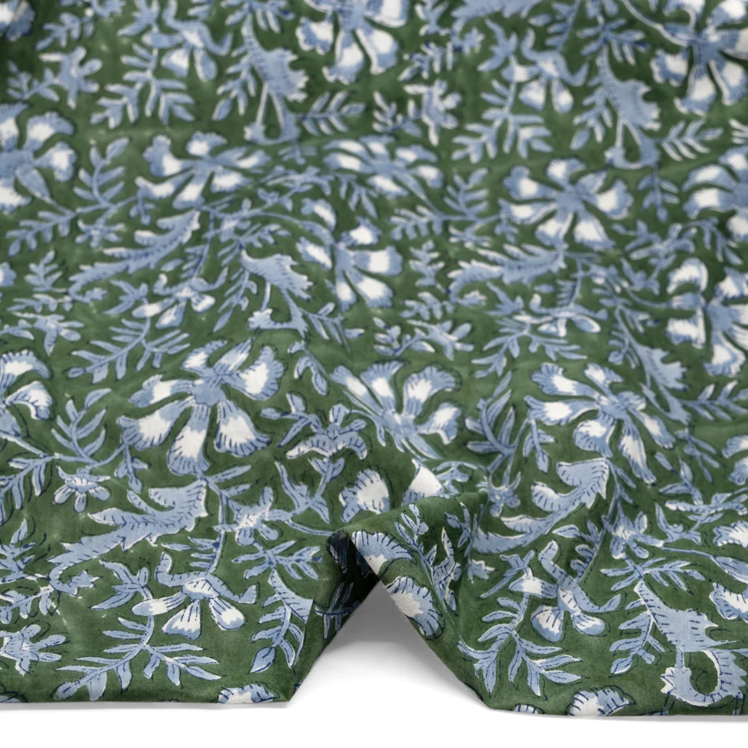 Vine Block Printed Organic Cotton Batiste - Dill/Bluestone/White - Image 2