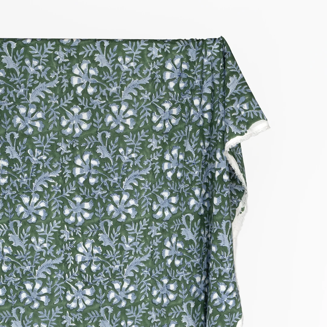 Vine Block Printed Organic Cotton Batiste - Dill/Bluestone/White - Image 3