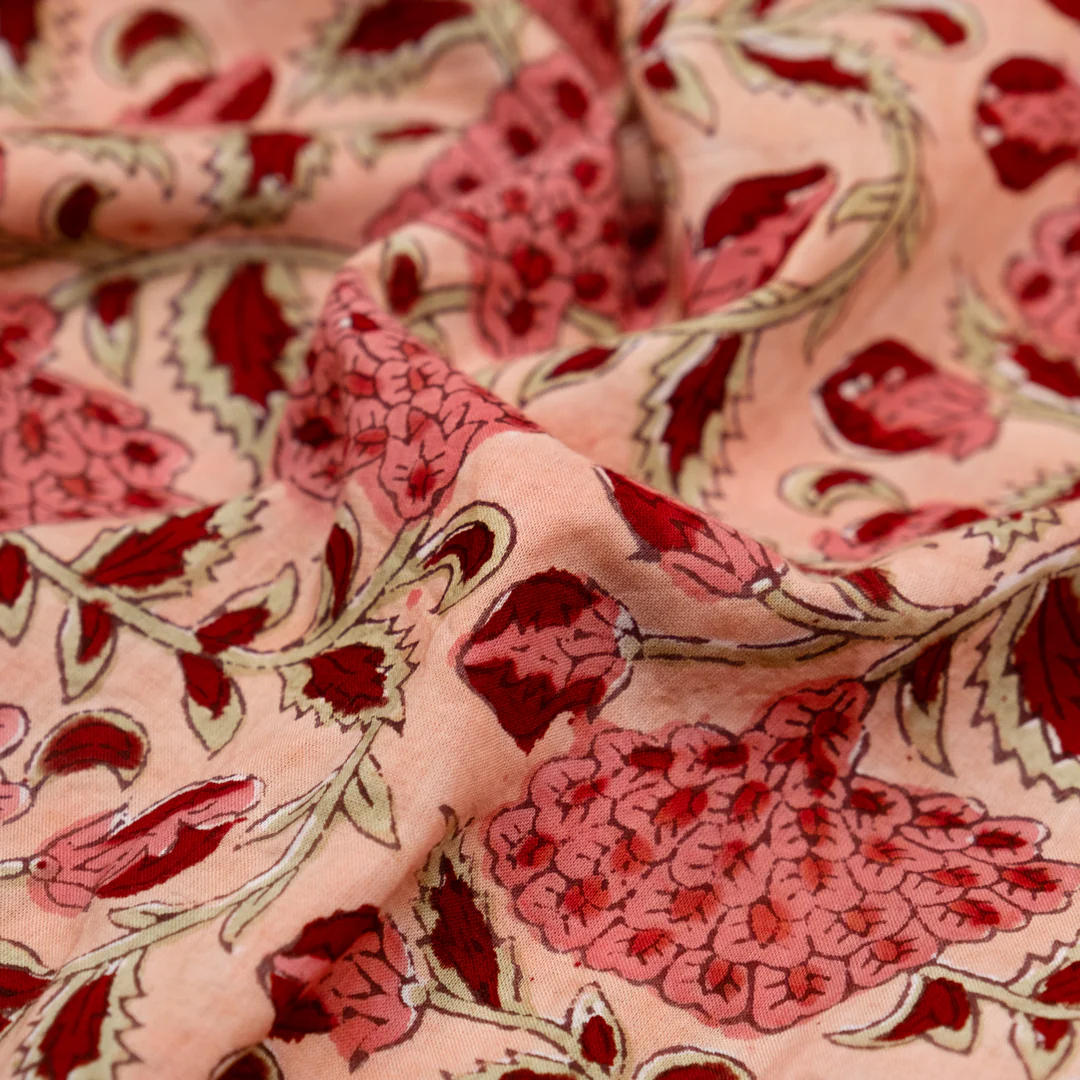 Vine Block Printed Organic Cotton Batiste - Flamingo/Taffy/Crimson