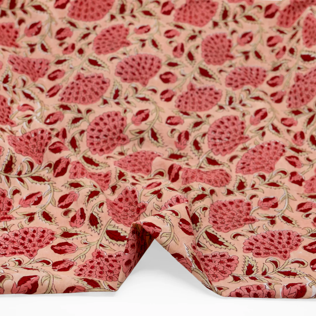 Vine Block Printed Organic Cotton Batiste - Flamingo/Taffy/Crimson - Image 2