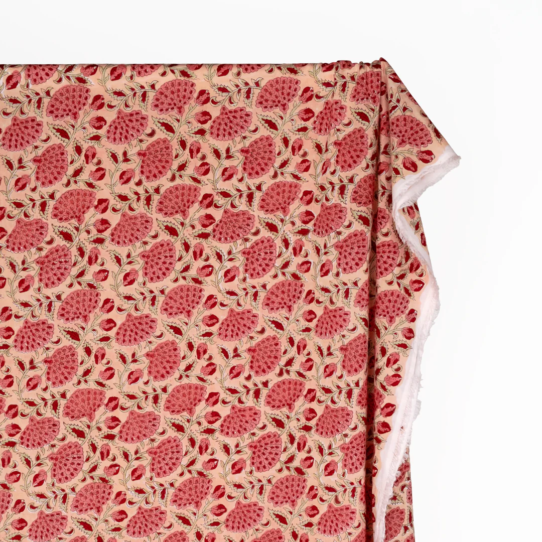Vine Block Printed Organic Cotton Batiste - Flamingo/Taffy/Crimson - Image 3