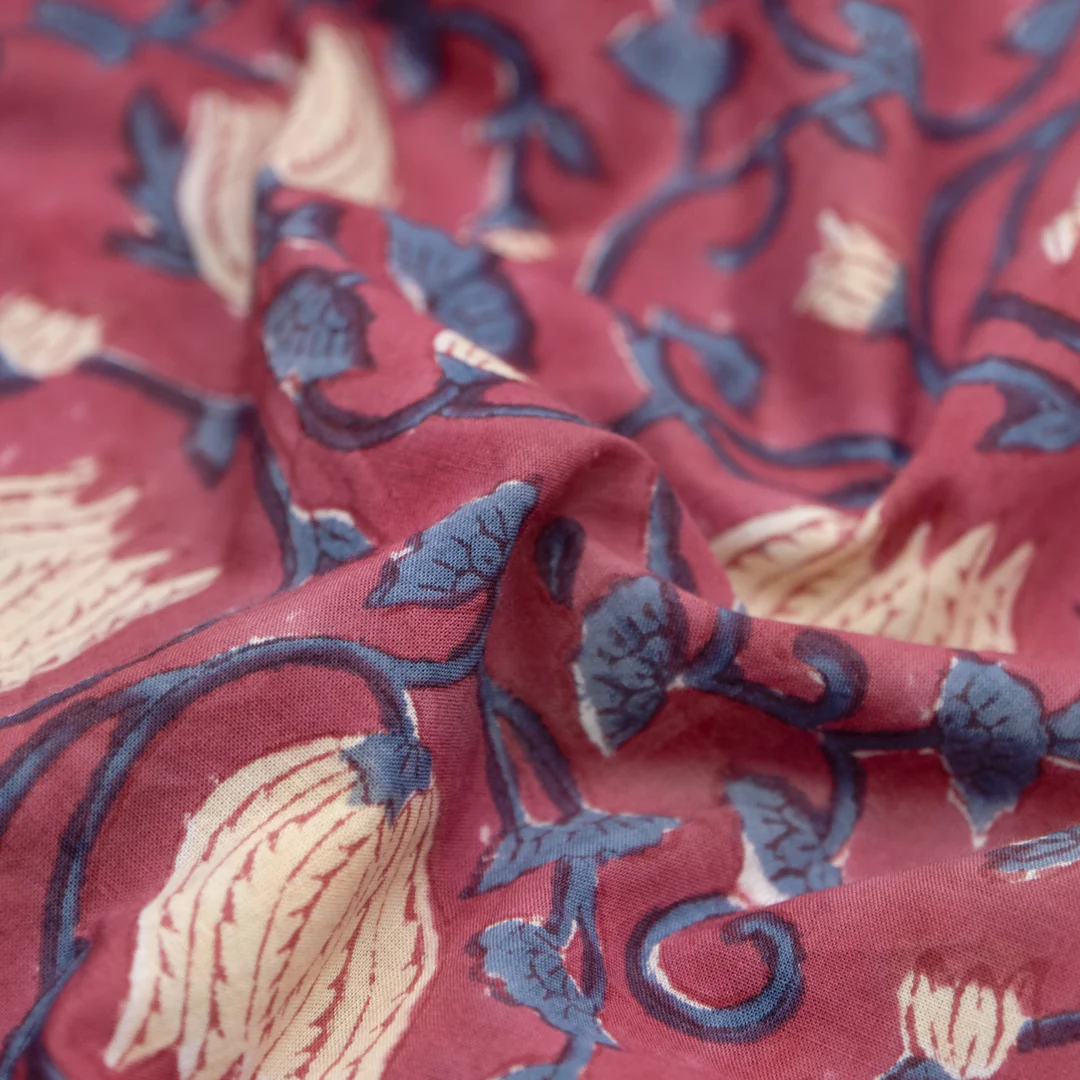 Vine Block Printed Organic Cotton Batiste - Garnet/Cashew/Ocean