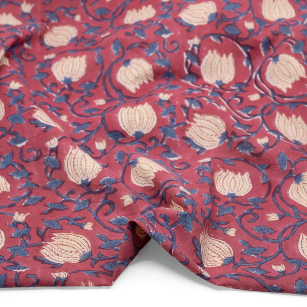 Vine Block Printed Organic Cotton Batiste - Garnet/Cashew/Ocean - Image 2