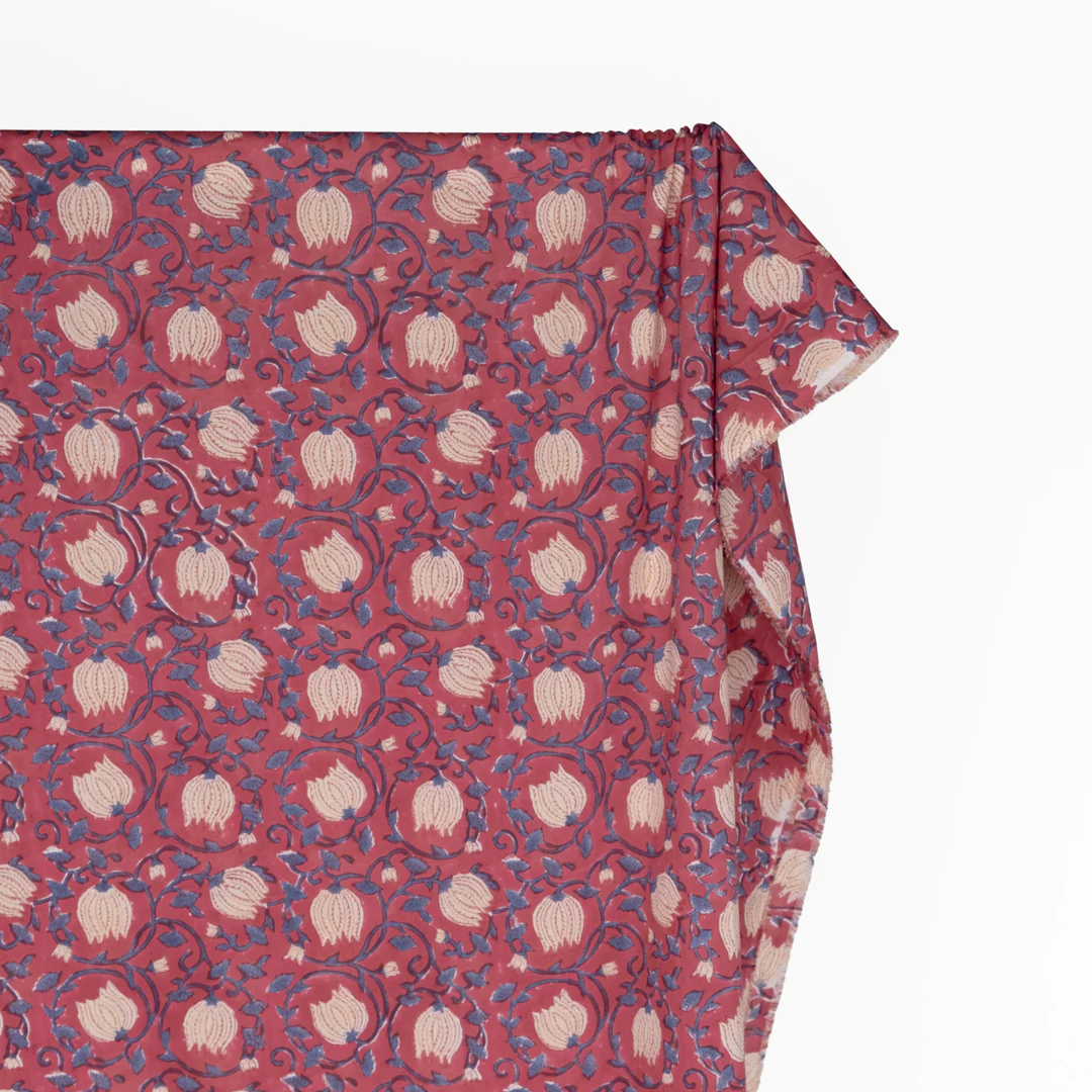 Vine Block Printed Organic Cotton Batiste - Garnet/Cashew/Ocean - Image 3