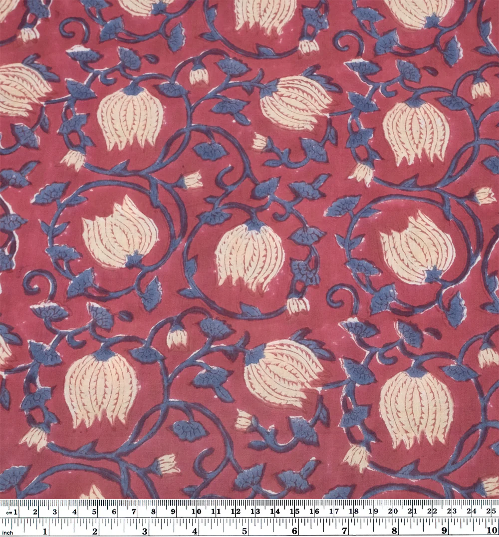 Vine Block Printed Organic Cotton Batiste - Garnet/Cashew/Ocean - Image 4