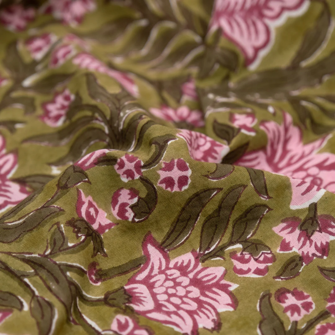Vine Block Printed Organic Cotton Batiste - Moss/Seaweed/Carnation