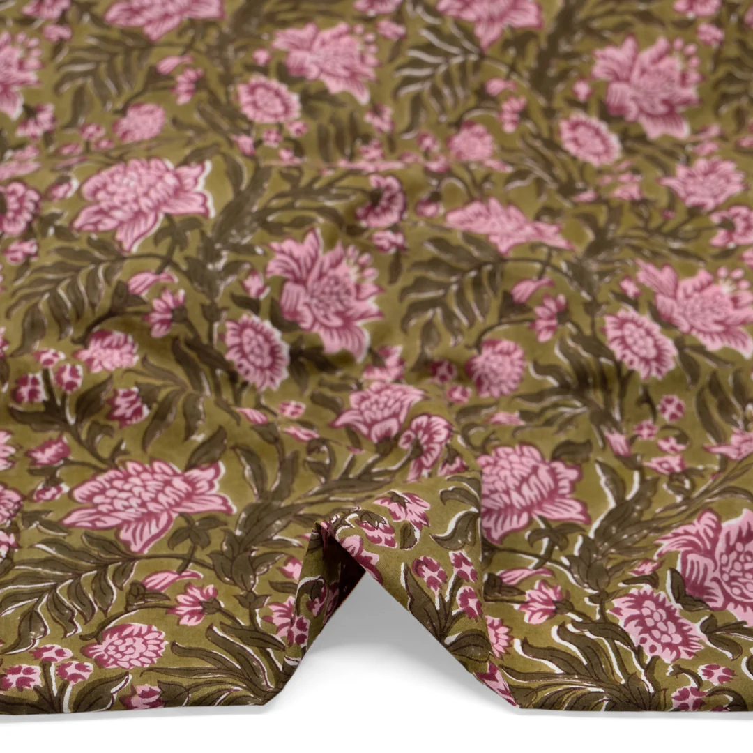 Vine Block Printed Organic Cotton Batiste - Moss/Seaweed/Carnation - Image 2
