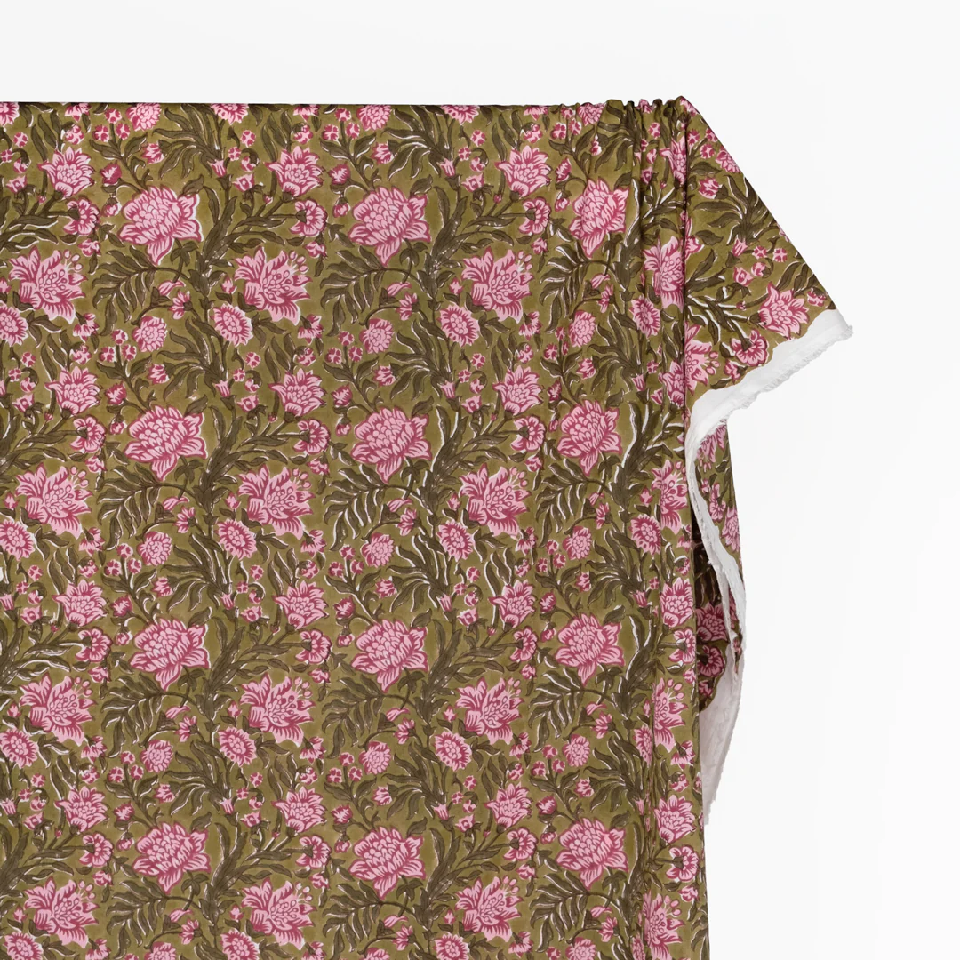 Vine Block Printed Organic Cotton Batiste - Moss/Seaweed/Carnation - Image 3