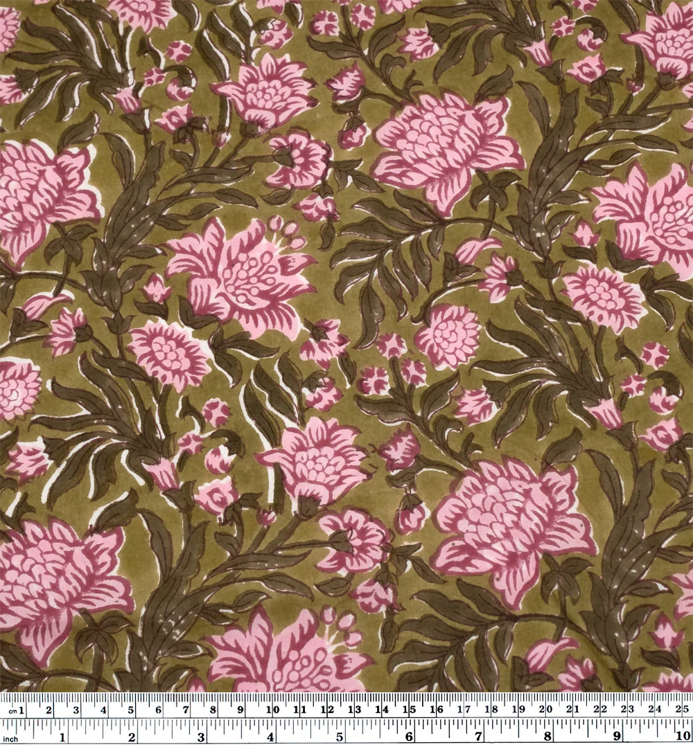 Vine Block Printed Organic Cotton Batiste - Moss/Seaweed/Carnation - Image 4
